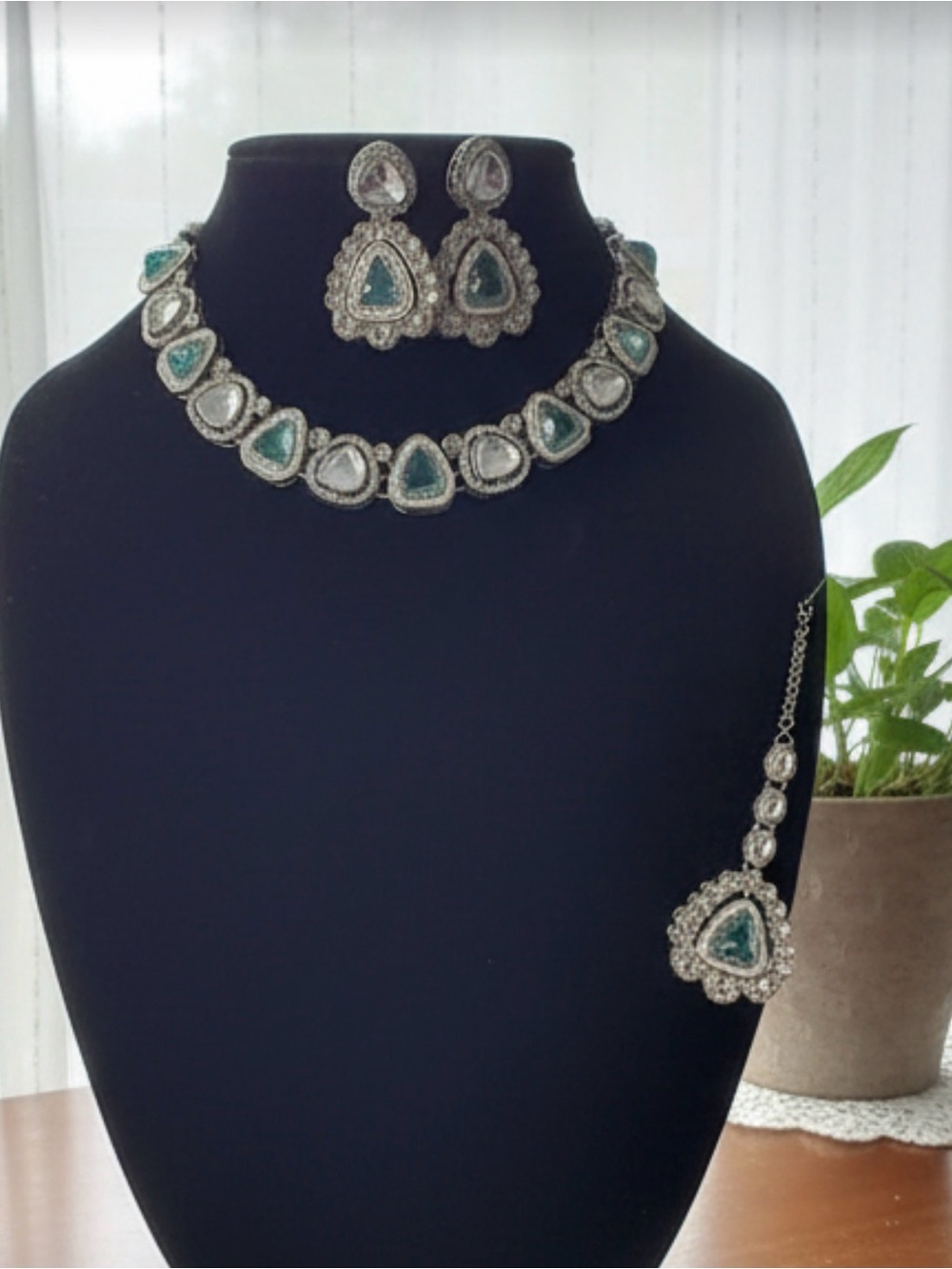 Turquoise and Silver Kundan Necklace Set with Earrings and Maang Tikka